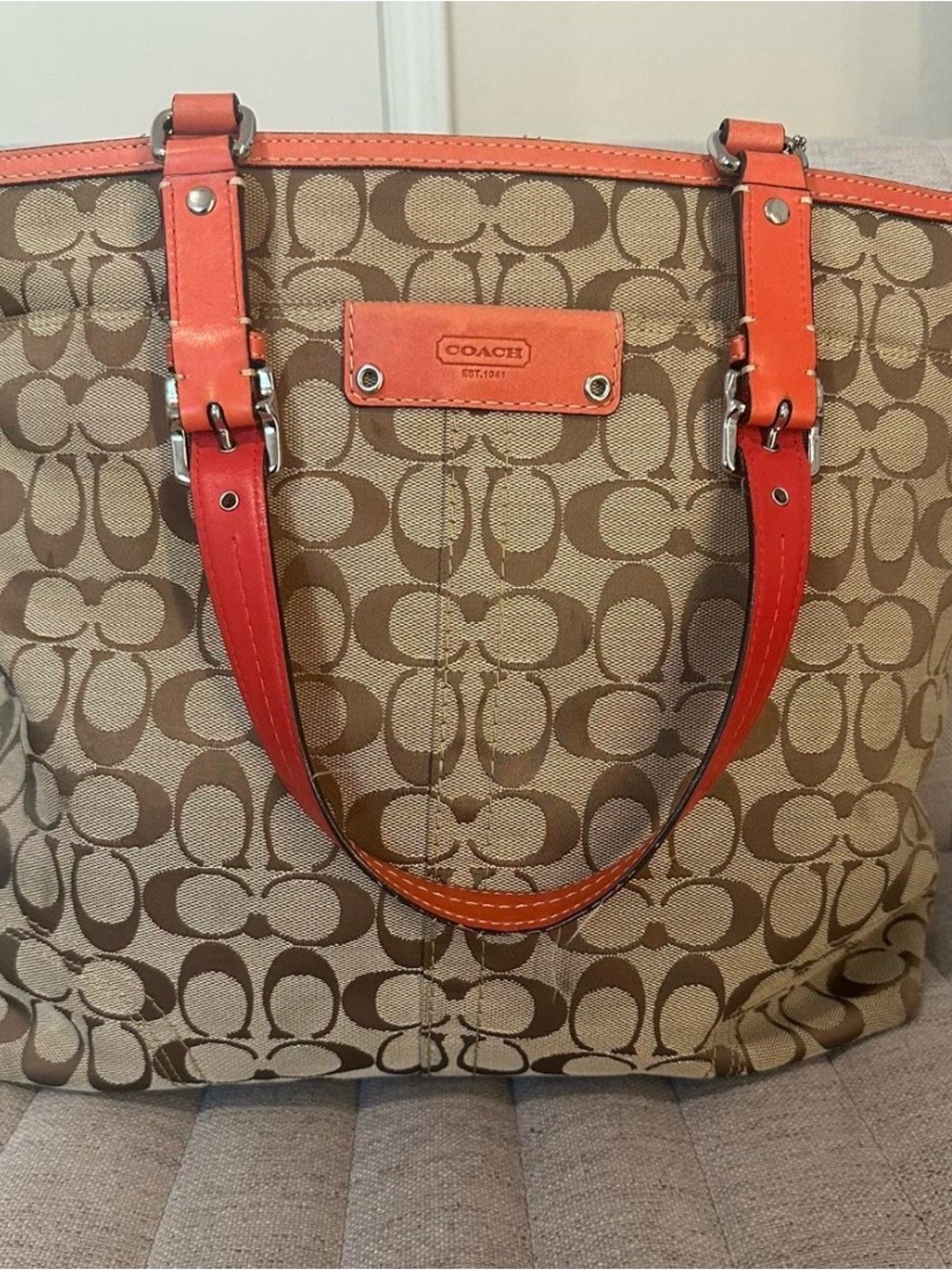 Coach Brown Signature Tote with Orange Trim